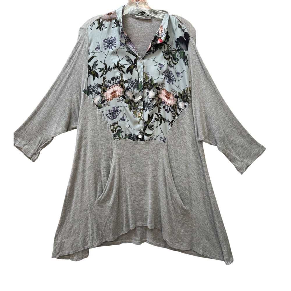 Alembika Grey Mixed Media Floral Button Front Tunic Top Size L Pockets Lagenlook